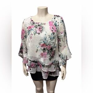 NWT Alex Evenings Size 2X 3/4 Sleeve Printed Chiffon Burnout Blouse Asymmetric
